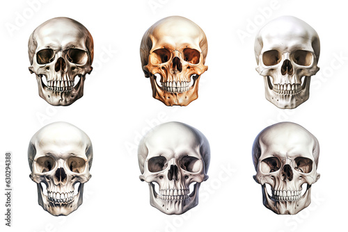 Front view of human skull collection isolated on transparent background