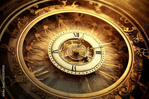 Golden yellow antique old clock spiral abstract fractal. Time spiral image.