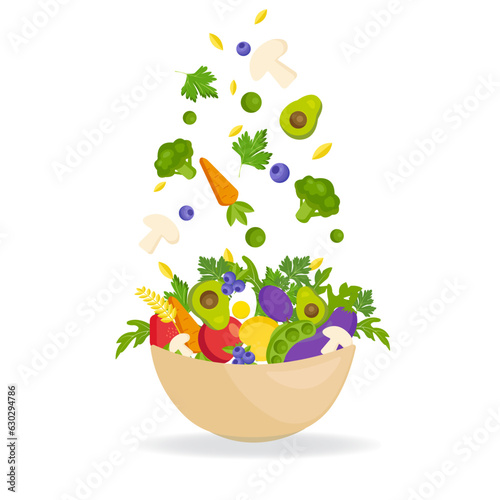 Vegetables, salad, cereals and fruits in a plate. Vegetarian healthy food. Organic food. Banner in flat style. Suitable for postcard, web poster, natural products presentation templates, cover.