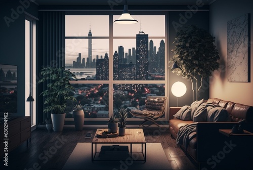 Living room interior with city view from window. generative ai