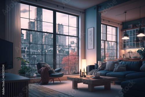 Living room interior with city view from window. generative ai