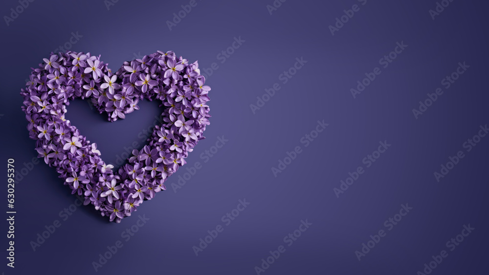 A heart made of lila flowers on a purple background. Panoramic banner. Copy-space, place for text.