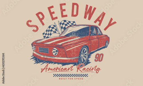 Speedway graphic print design. Speed racing print design for t shirt print, poster, sticker, background and other uses. American racing. Race flag. 