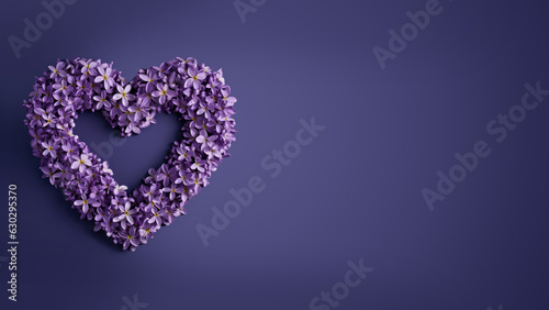 A heart made of lila flowers on a purple background. Panoramic banner. Copy-space  place for text.