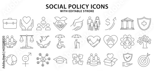 Social Policy Icons. Set Icon About Social Policy. Social Policy line icons. Vector Illustration. Editable Stroke.