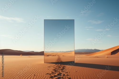 Desert landscape with sand water and square mirror under the clear blue sky. Ai Generated