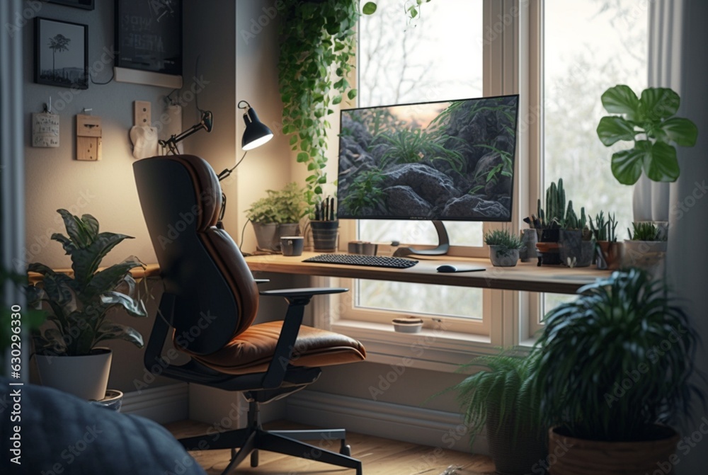 Fototapeta premium Cozy home office interior featuring furniture, houseplants and large windows to let in natural light. generative ai