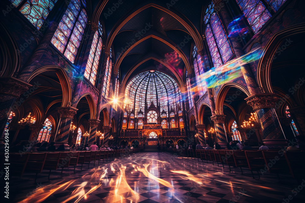 the interior of a grand cathedral with light streaming through stained glass windows, symbolizing a gateway to heavenly realms Generative AI