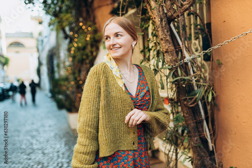 Photography Happy young beautiful woman walking on the street