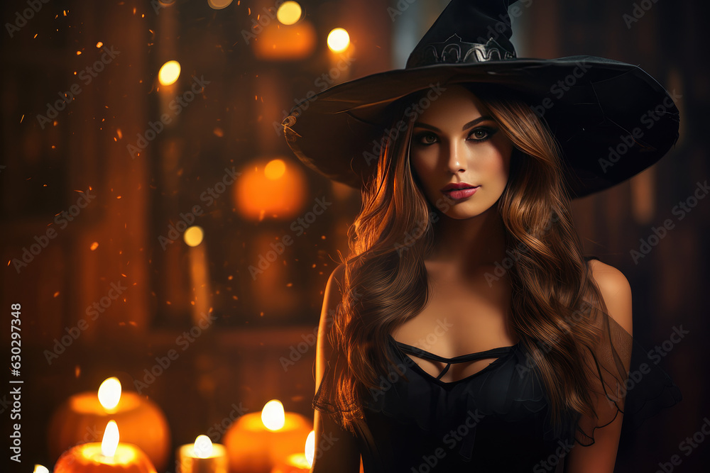 Halloween, kobieta w mrocznej atmosferze  - obrazy, fototapety, plakaty 