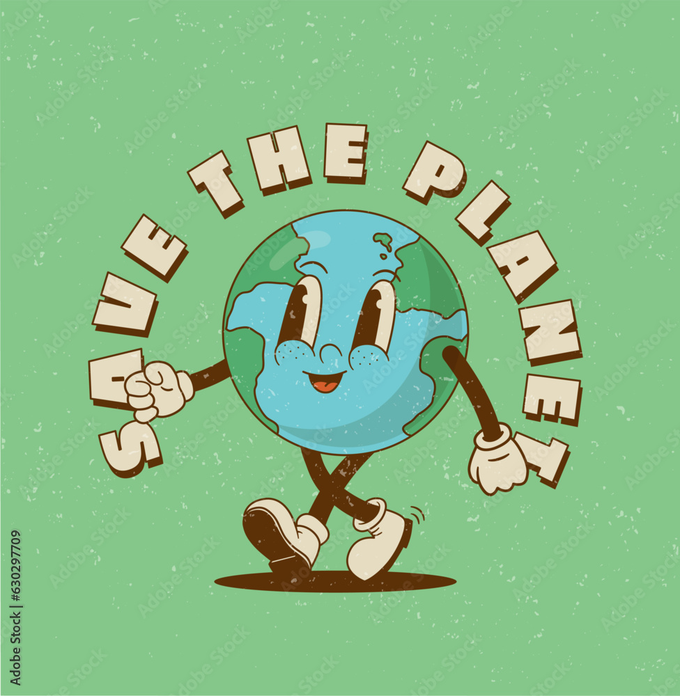 Retro cartoon Earth globe character mascot vector illustration. Save ...