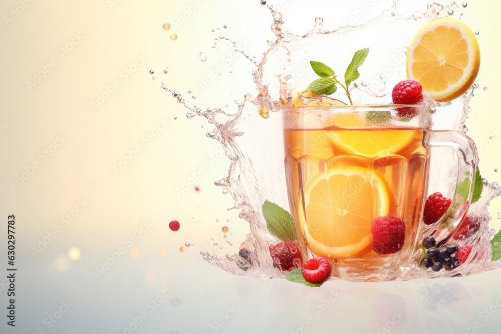 fruit tea with splash and fresh fruits on light background fruit tea with splash and fresh fruits on light background