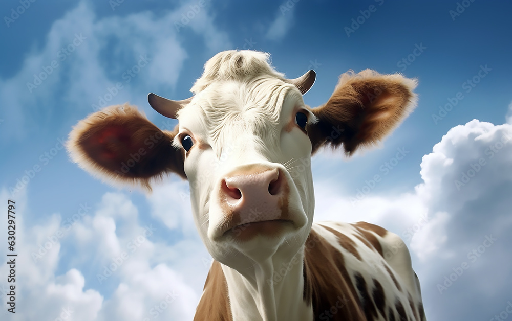 Portrait of a cow with blue sky