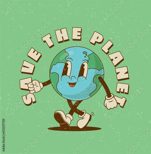 Retro cartoon Earth globe character mascot vector illustration. Save the planet eco poster, banner, print. Environment day. Ecology protect