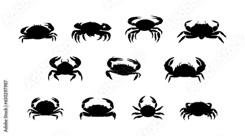 Black silhouette crab set flat cartoon isolated on white background. Vector illustration