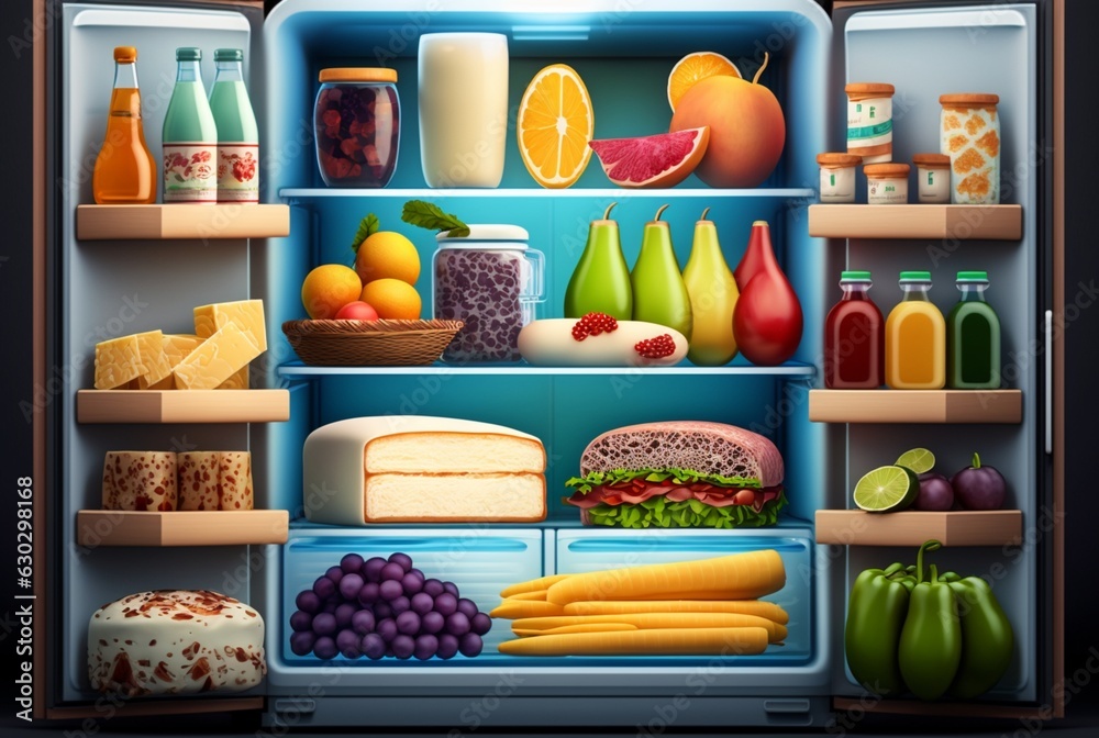 drinks,fresh vegetables and fruits sitting in the fridge, symbolizes freshness and eating healthy fruits and vegetables. generative ai