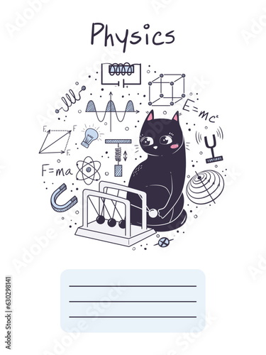 Workbook cover for school subject physics with cute cat.