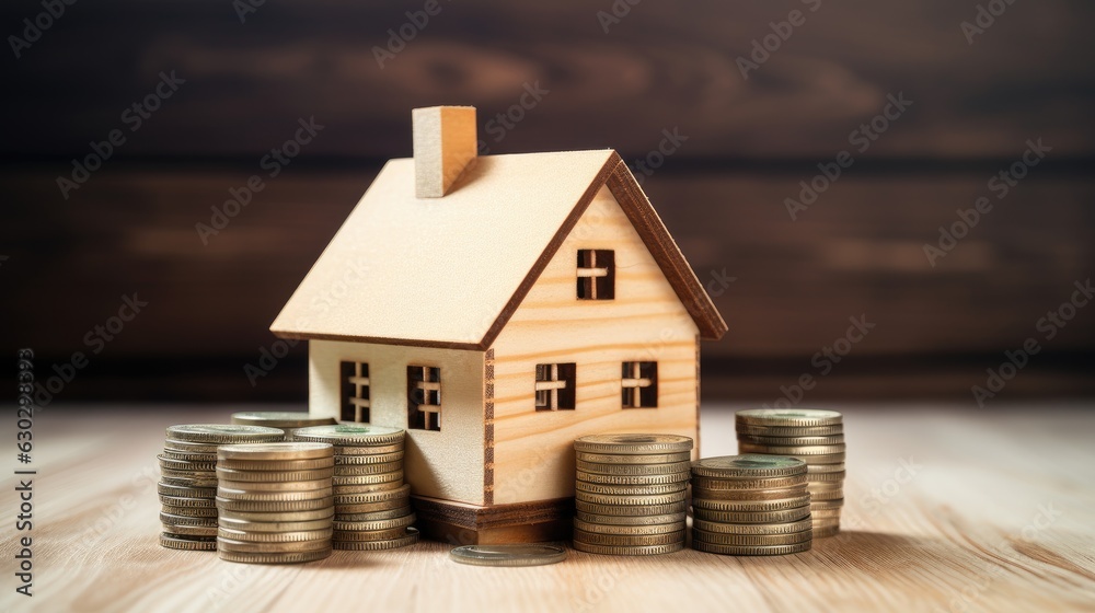 wooden house maquette with money savings for housing mortgage wooden house maquette with money savings for housing mortgage