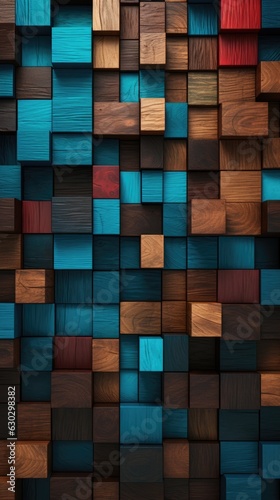 A close up of a wall made of wooden blocks. Digital image.