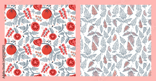 Vegetable template. Seamless backgrounds. Red and white textures with tomatoes, cherry tomatoes, leaves . A set of bright, tasty prints. Backgrounds for albums. Vector illustration