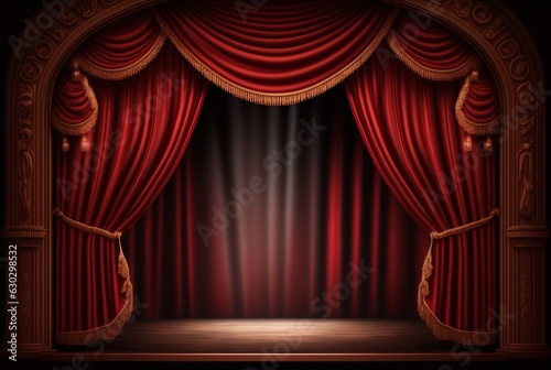 Magic theater stage red curtains Show Spotlight. Generative AI