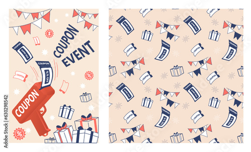 Set of marketing event illustration. money gun, coupons, gifts and seamless pattern . Banner. vector
