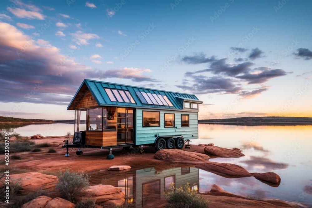 A tiny house sitting on top of a rock next to a body of water. - obrazy, fototapety, plakaty 