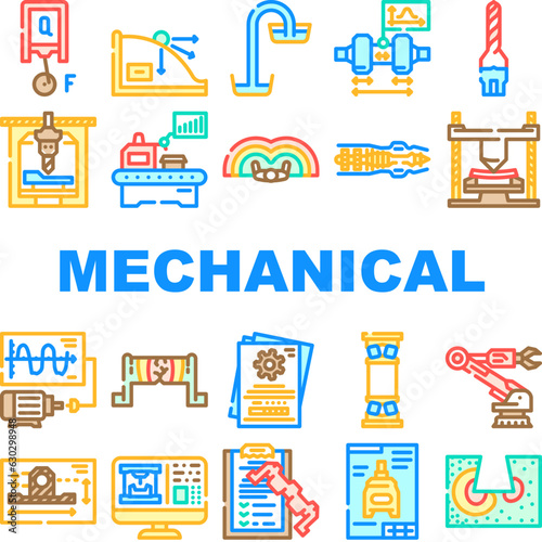 mechanical engineer industry icons set vector. technology machine  machinery work  factory blueprint  engine construction  worker mechanical engineer industry color line illustrations