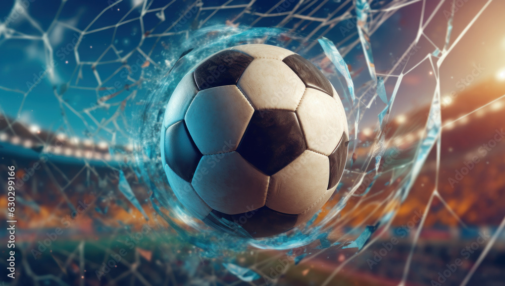 Fototapeta premium Soccer Ball into net. Scored Goal. Victory in the Game of Football. Sporting Entertainment and Athletic Joy on the Turf. Success in the League. Exciting Moment for the Team and Fans.