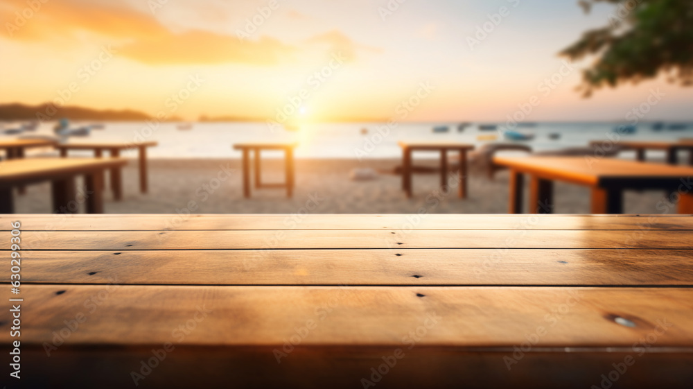 Fototapeta premium Beautiful outdoor wooden rustic empty table podium mockup product display on a beach seaside sunset ocean view.