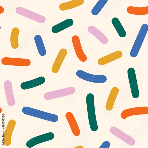 Funky abstract seamless pattern with colorful confetti or sugar sprinkles. Playful festive square template for social media. Pop art style texture. Retro vector design layout in groovy style