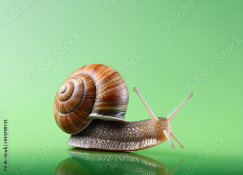 garden snail isolated on plain green studio background