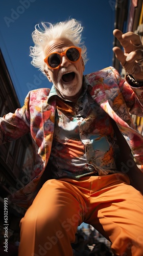 Senior man wearing 80s style colorful outfit is dancing with sunglasess, cinematic motion image