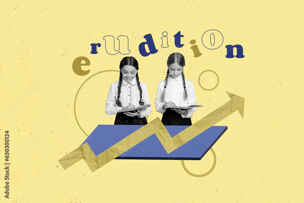 Ταπετσαρία Creative illustration collage of two small academic diligent girls reading books