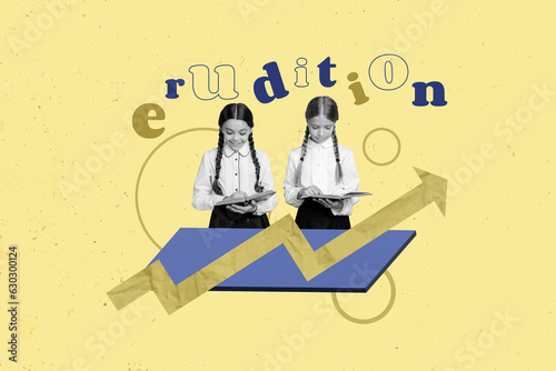 Creative illustration collage of two small academic diligent girls reading books improve their erudition isolated on yellow background