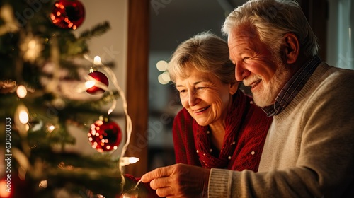 Mature senior happy couple decorating Christmas tree at home,celebrating winter holidays together