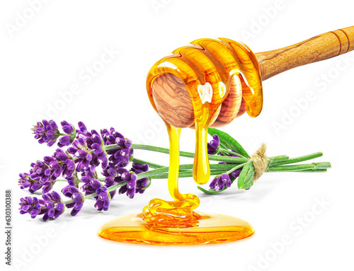 dripping honey and lavender isolated on white background