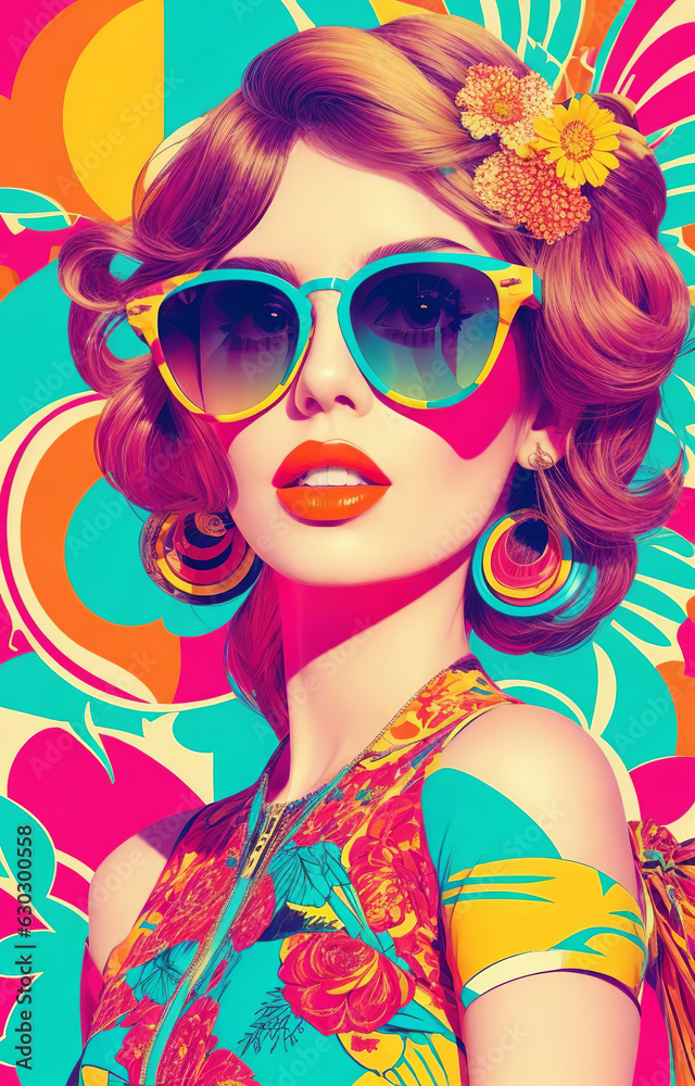 Fototapeta premium Woman wearing a trendy dress and sunglasses Pop art style summer vibes - Generative Ai