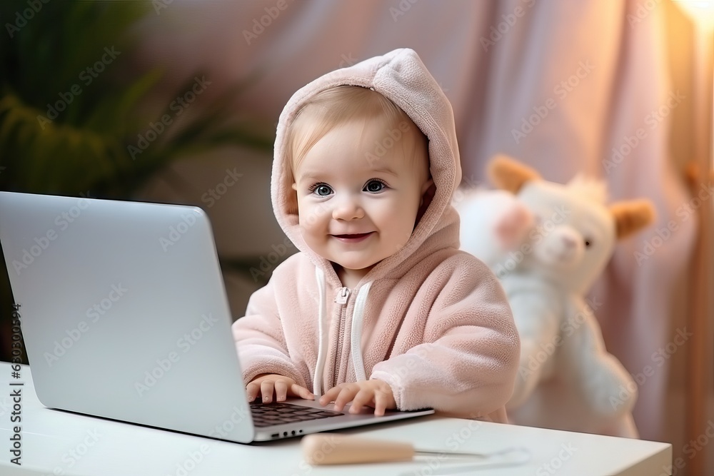 Cute Little Girl Using Laptop While Sitting At Desk At Home Cute Little Girl Using Laptop While Sitting At Desk At Home