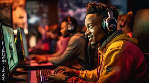 black male player competing online with friends behind a computer monitor, videogames concept