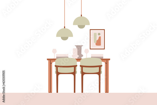 Dining table in kitchen with chairs, plates and wineglasses. Flat cartoon style vector illustration.