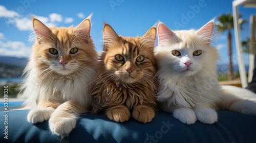 3 cats, 3 colors, 3 breeds Relax and be happy, bask in the spring sun. © sirisakboakaew