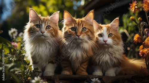 3 cats, 3 colors, 3 breeds Relax and be happy, bask in the spring sun. © sirisakboakaew