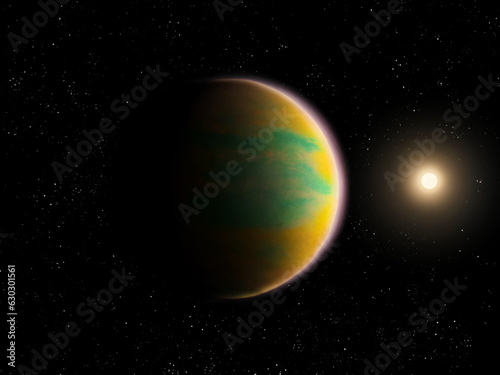 Extrasolar planet with sun. Star and planet in space. Far exoplanet from alien solar system. © Nazarii