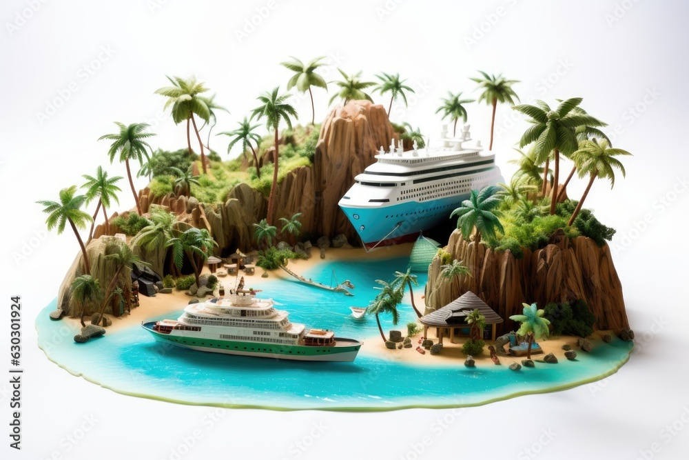 getaway vacation island, cruise boat and mountain beach isolated