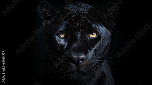 Frontal perspective of a panther against a moody dark backdrop. Ideal for wildlife, nature, and nocturnal themes.   Generative AI © Nico Vincentini