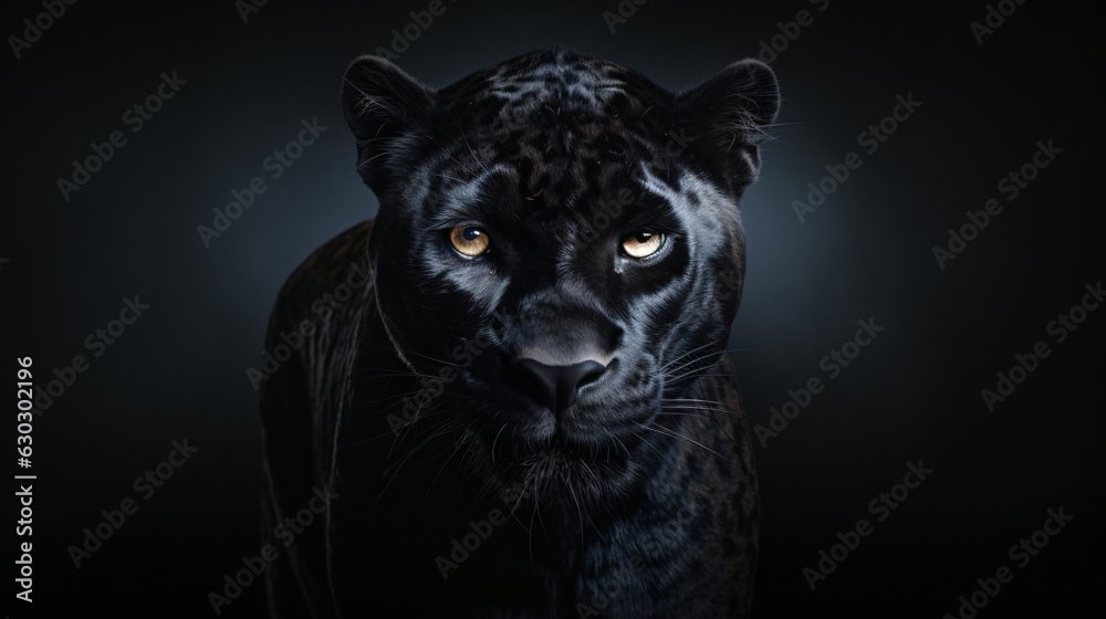 Obraz premium Frontal perspective of a panther against a moody dark backdrop. Ideal for wildlife, nature, and nocturnal themes.Generative AI