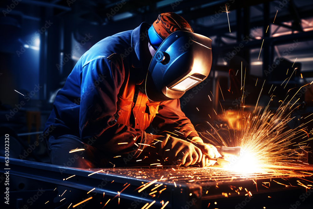 A welder at work in welding workshop. Generative AI A welder at work in welding workshop. Generative AI