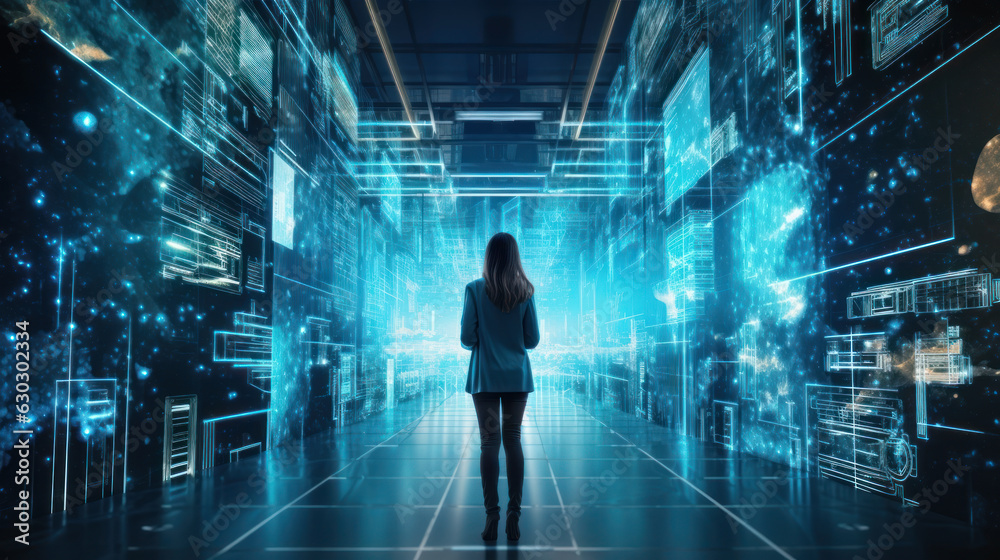 Woman in a Digital Server Room. Empowering Connectivity, Security & Data Storage in the Future of Technology, Networking & Information cloud. Woman in a Digital Server Room. Empowering Connectivity, Security & Data Storage in the Future of Technology, Networking & Information cloud.