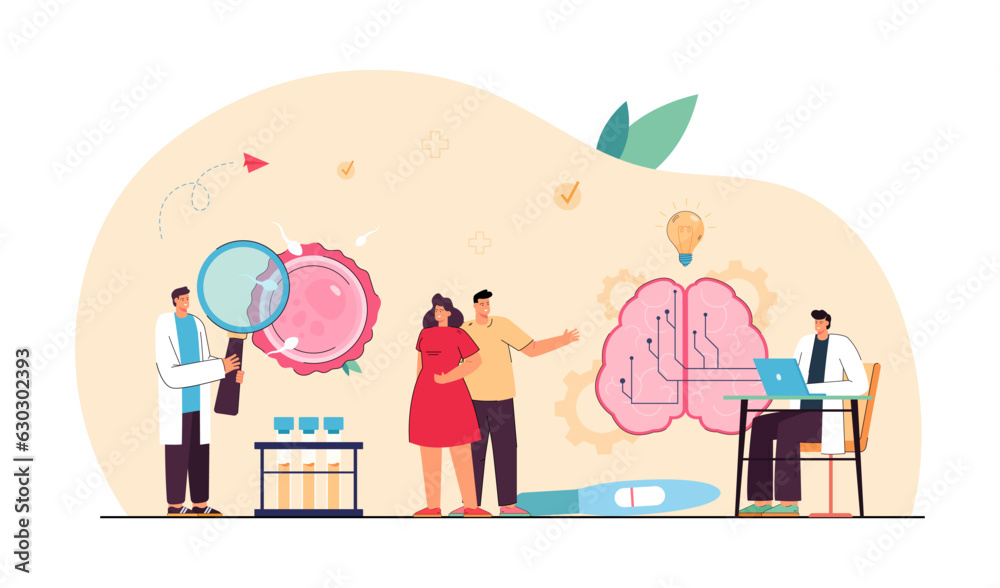 Scientists using AI to treat infertility vector illustration. Happy couple with pregnancy test, doctors studying spermatozoa with magnifier. Artificial intelligence, medicine concept
